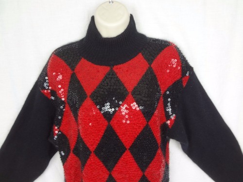Vtg IB Diffusion Silk Angora Lambswool Sweater ~Black & Red Argyle Sequin ~ 1990 - Picture 2 of 10