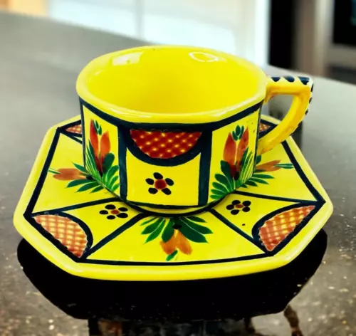 Vtg HB QUIMPER Octagonal Soleil Yellow  Cup + Saucer~Breton Man+Woman~Mde France