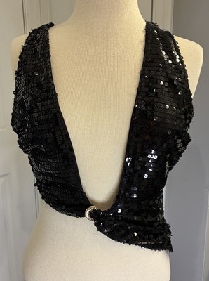 NWT Pretty Little Things Black Sequin Plunge Halter Top - Size 6
