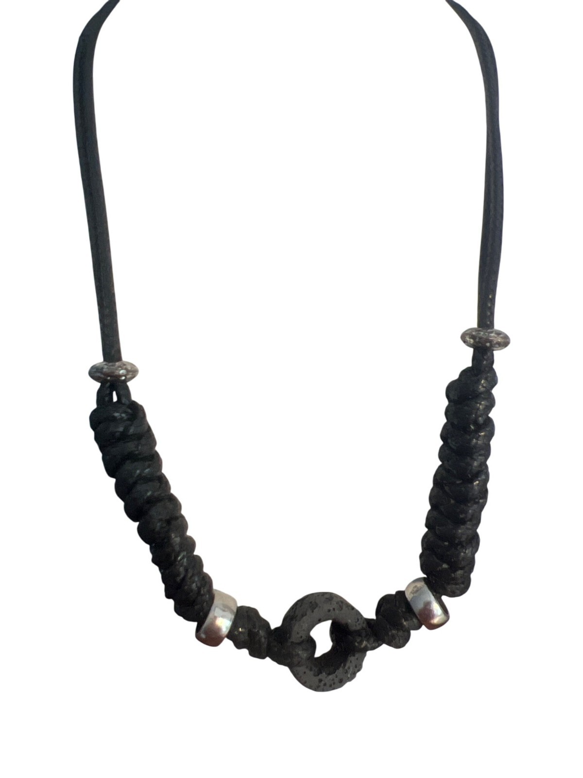 Black Braided Necklace Lava Rock Silver Tone Beads Button Clasp Unisex 19"