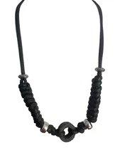 Black Braided Necklace Lava Rock Silver Tone Beads Button Clasp Unisex 19"