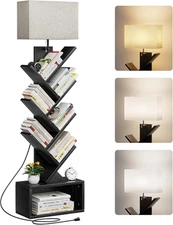 6 Tier Tree Bookshelf with Light, Narrow Bookcase Tower, Tall Floor Standing Boo