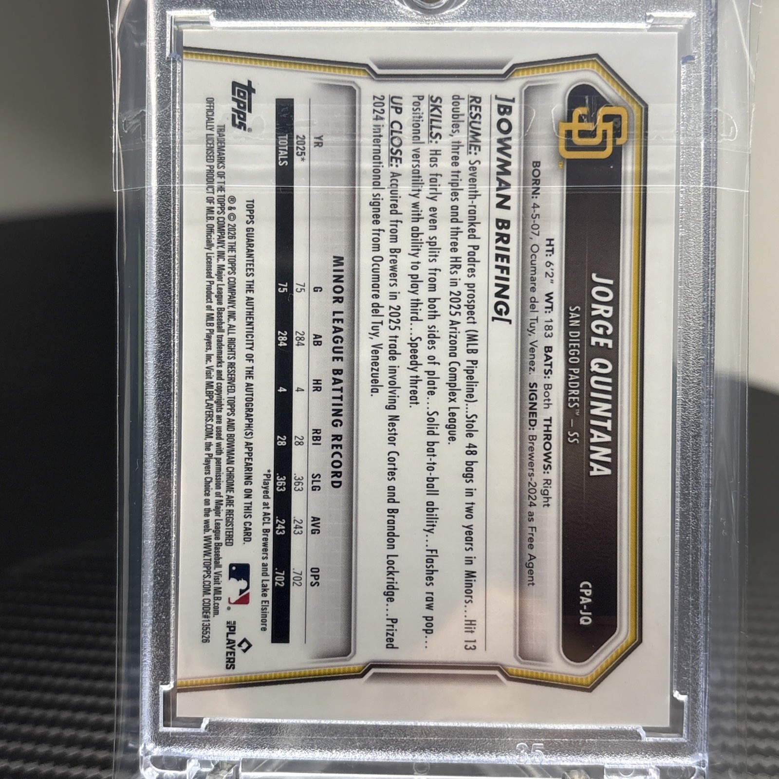 2026 Bowman Chrome Jorge Quintana 1st Bowman Green Reptilian Auto /99 #CPA-10 view 4