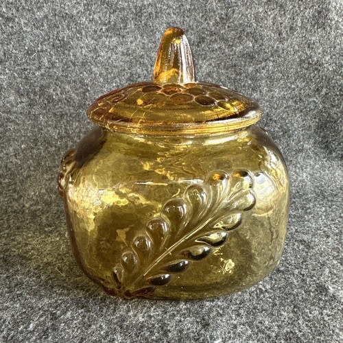 Vintage Amber Glass Lidded Square Canister Jar Medium Feathers Grapes Crackle - Picture 24 of 24