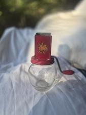 Vintage Red Floral Hand Crank Nut Grinder, Glass Jar, Wood Handle