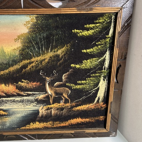Vintage Velvet Painting Rustic Frame Nature Forest Scene Buck Deer and waterfall - Afbeelding 2 van 18