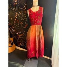 Nancy K Boho Embroidered Sunset Midi Dress Sleeveless Floral Red Orange L