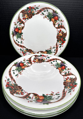 Lot of 4 Christmas William James Dinner Plate 10.5'' Fine Stoneware Ribbon Fruit