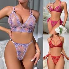 Womens Sexy Lingerie Lace Butterfly Pattern Babydoll Teddy 2-piece Bar Thong Set