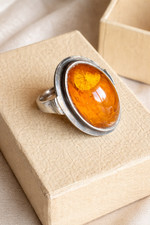 Silver 925 Vintage Amber Cabochon Ring Large Oval Honey Amber Statement Ring 7