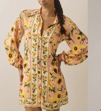 Farm Rio Anthropologie Long-Sleeve Button-Front Mini Dress Sunflower XS
