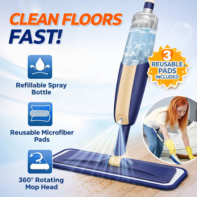 Spray Mop Floor Cleaner Wet Dry Flat Mop w/ 3 Reusable Pads for Hardwood Tile