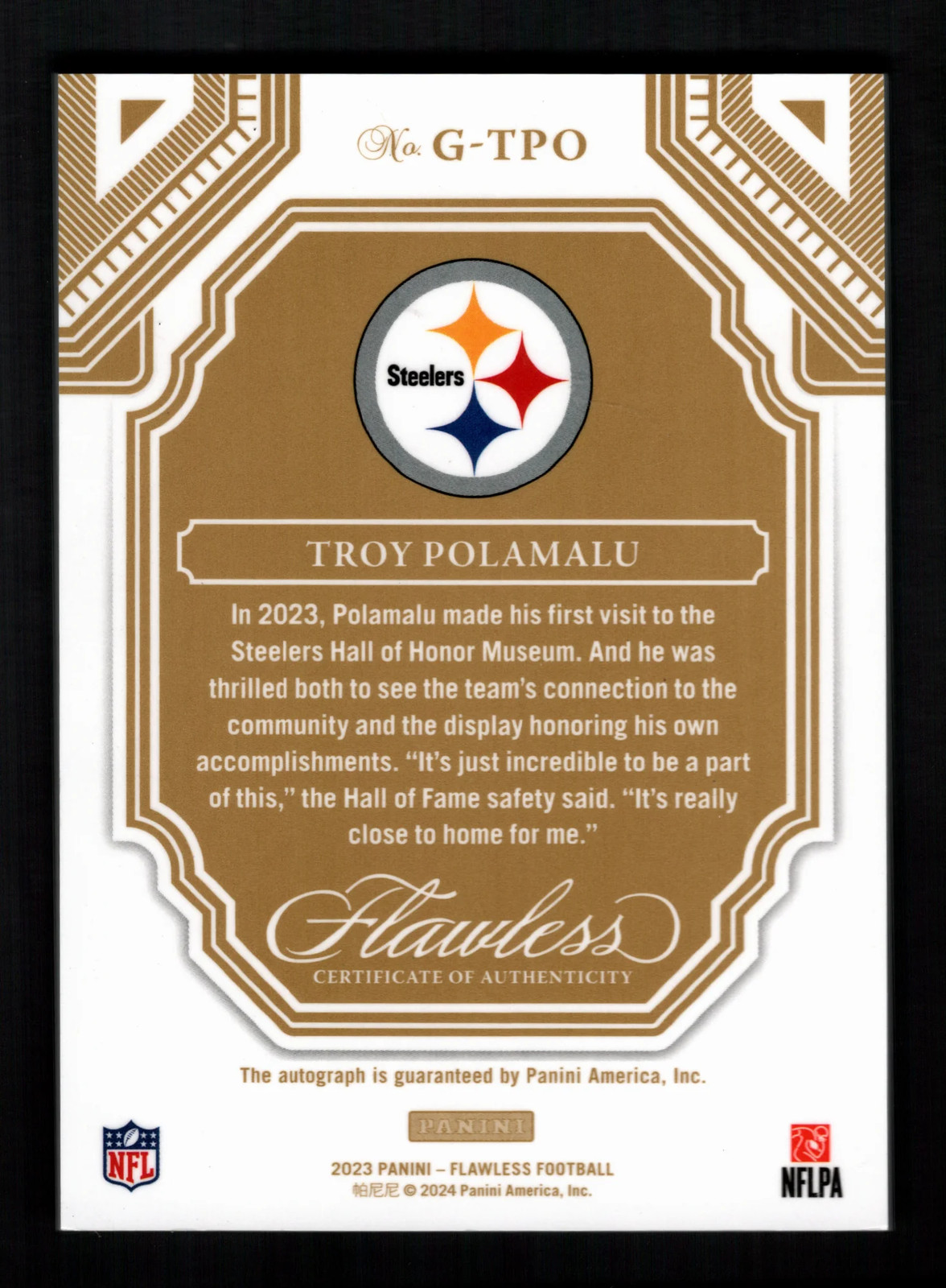 Troy Polamalu 2023 Panini Flawless #G-TPO Greats Gold /25 Auto Steelers view 2