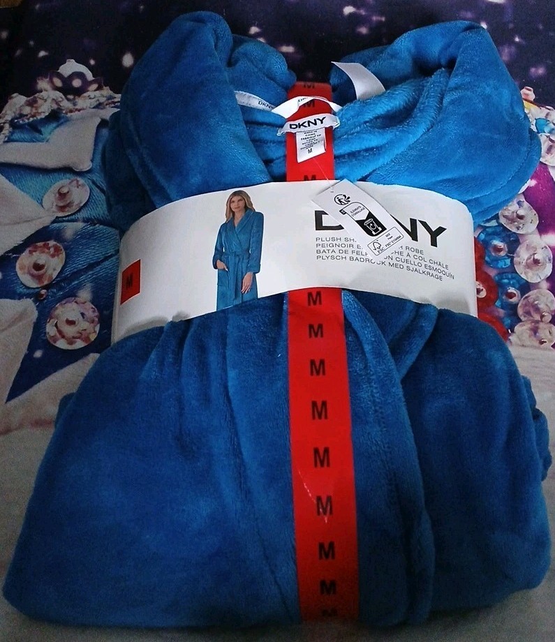 Women DKNY Blue Plush Shawl Bath Robe Dressing Gown  Medium