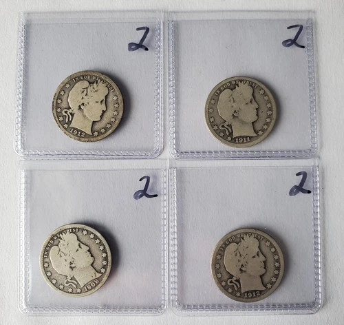 Barber Quarter 4 Coin Lot. 1912, 1911, 1908 D, 1912 Auction Lot #2
