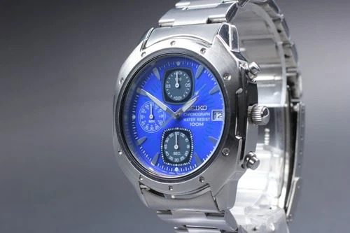 [Rare] Vintage Seiko V657-9060 Chronograph Blue Dial Quartz Watch From Japan