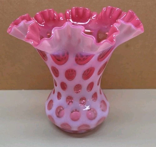 Fenton Glass Cranberry Coin Dot Vase Ruffled Edge 8"