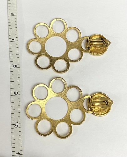 Vintage Statement Earrings Averil Gold Tone Metal Large Dangle Stylized Flower - Picture 4 of 6