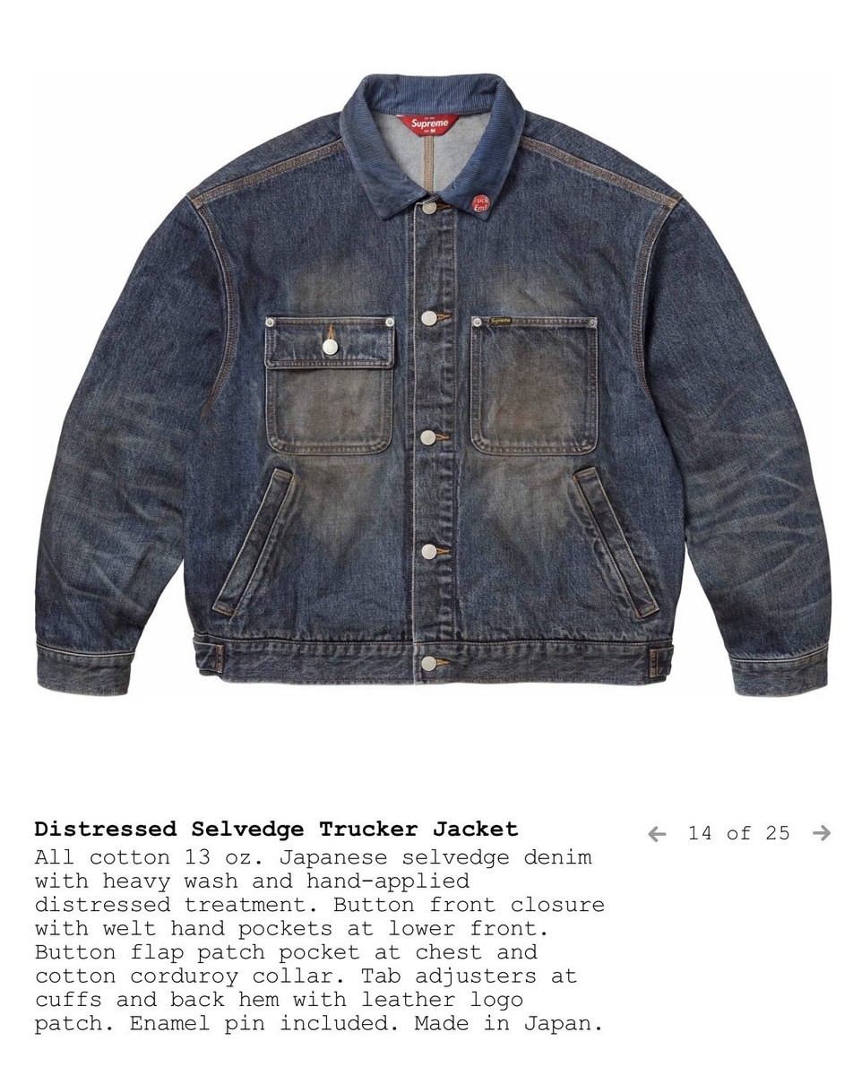 Supreme FW25 Distressed Selvedge Trucker Jacket Washed Indigo Sz