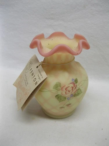 Vintage Fenton Burmese Uranium Glass Small Ruffled Vase Hand Painted Signed Art