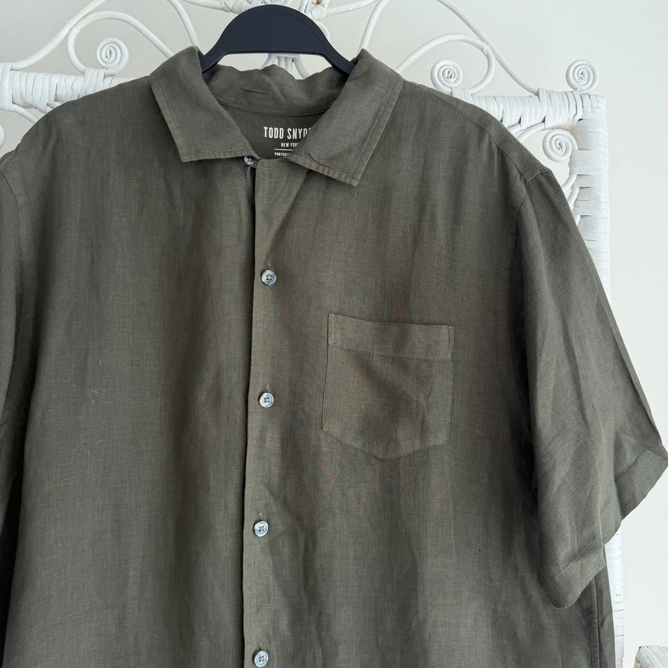 Todd Snyder Shirt Men Large Olive Portuguese Linen Camp Loop Collar Short Sleeve - Image 2 of 4