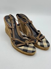 Burberry Women s Check Canvas Wedge Sandals Size 39 Italy Brown Leather Strap
