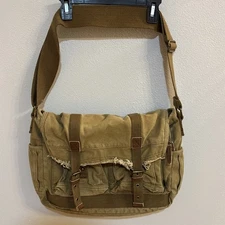 Canvas Messenger Bag - Vintage Shoulder Bag Frayed Style Boho Purse, Field Tan