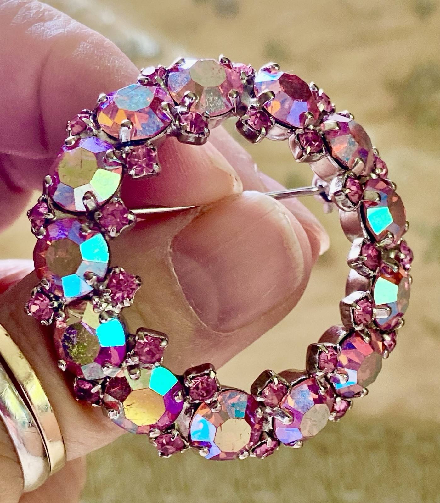 Vintage Aurora Borealis AB Crystals Rhinestone Wreath Brooch Pin