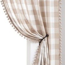 PomPom Buffalo Plaid Curtains 45" Kitchen 40"W x 45"L 2pcs Taupe and White