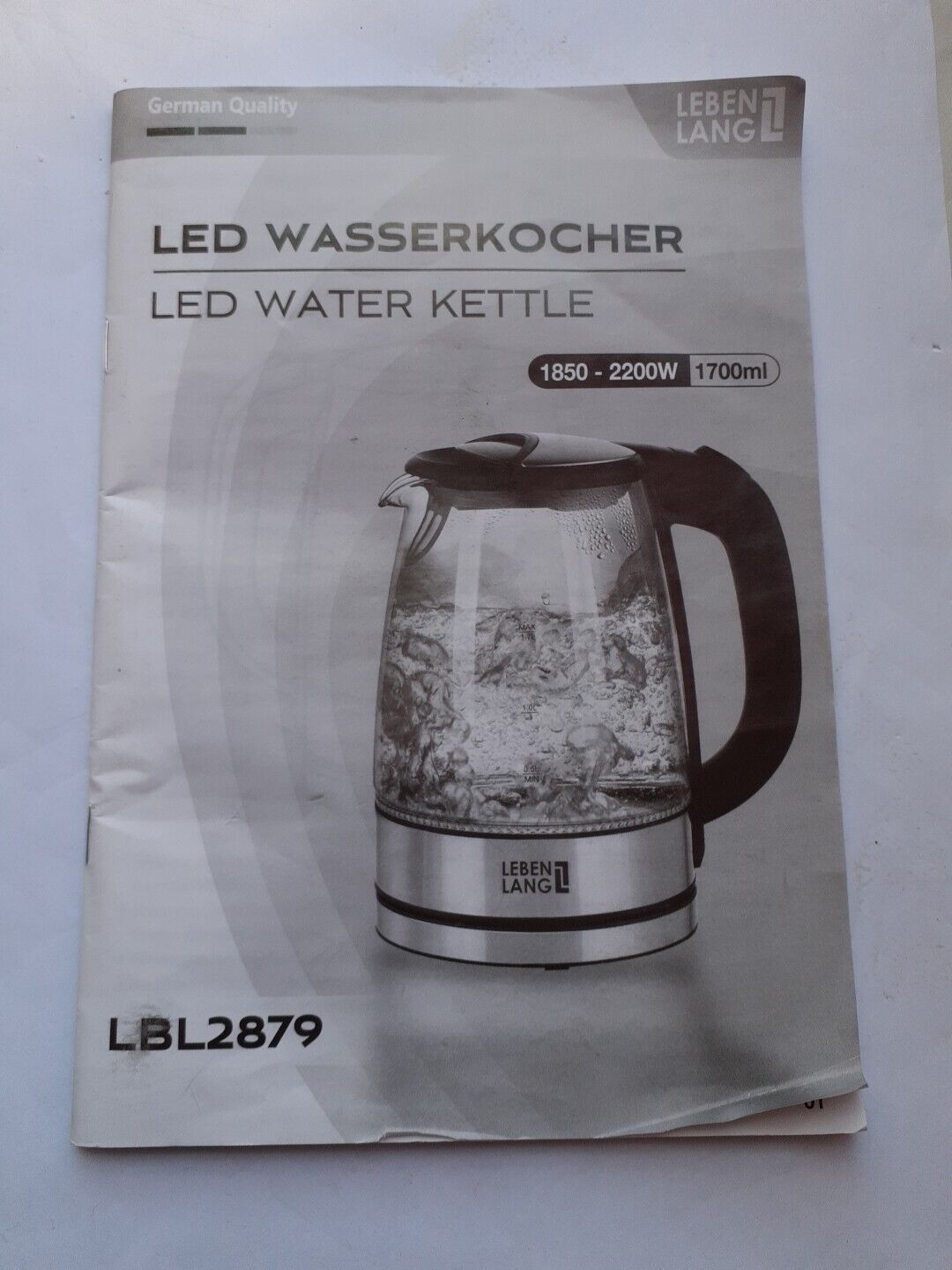 LebenLang 1,7 Liter Design Wasserkocher Glas mit LED kabellos ohne Plastik