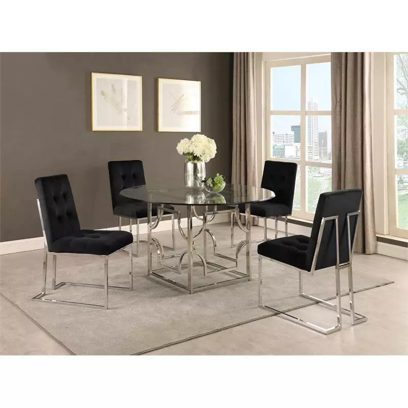 Modern Velvet Fabric Dining Chair in Black Silver Set of 2