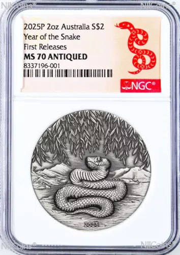 2025 Australia Antiqued LUNAR Year of the SNAKE 2oz $2 Silver Coin NGC MS70 FR