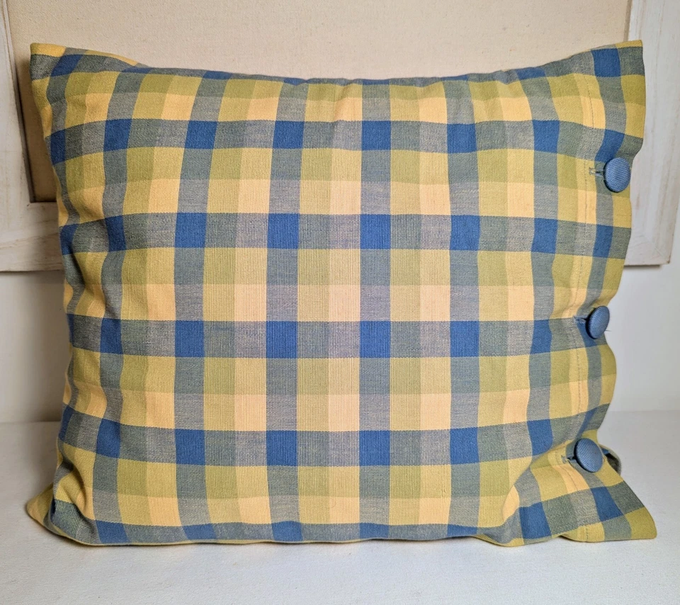 Laura Ashley Throw Pillow Cover 16x14 Blue Yellow Green Check Plaid Button Close - Image 2 of 4