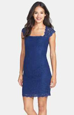 ADRIANNA PAPELL LACE OVERLAY CUT OUT BACK SHEATH DRESS PRUSSIAN BLUE sz 14P