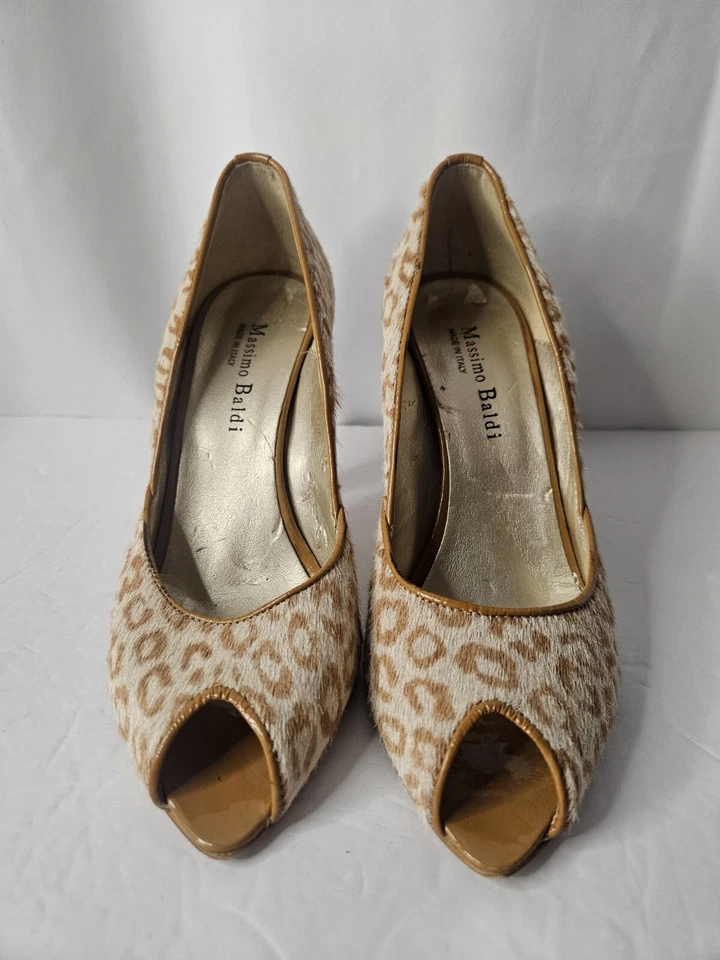 EUC Massimo Baldi Leopard Print Haircalf Peep Toe High Heel Italian Pumps Sz 7 - Image 2 of 4