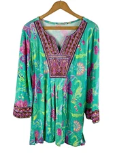 Soft Surroundings Top Size Medium Mint Green Pink Floral Beaded Embroided Tunic
