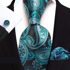 Classic Paisley Blue Red Jacquard Silk Men's Tie Necktie Hanky Cufflink Set