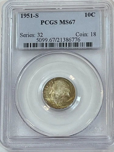 1951-S Roosevelt Dime PCGS MS67 Cert# 21386776 WONDERFUL COLOR!