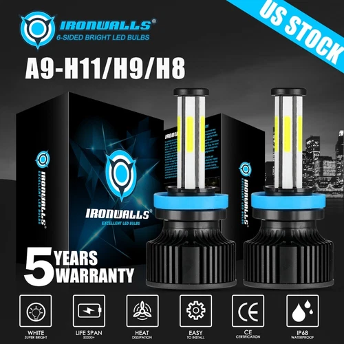 6-sides H11/H9/H8 LED Headlight High/Low Beam Bulbs Super Bright 6500K 3600000LM