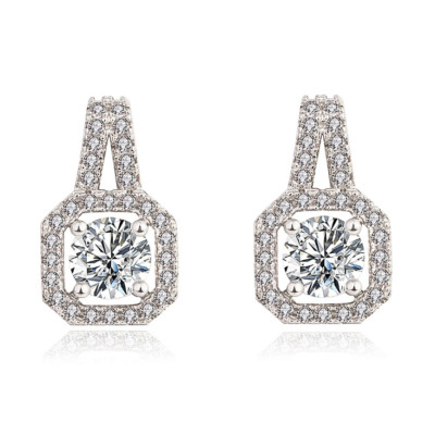  Sterling Silver Square Micro paved Cubic Zirconia Ear Stud Earrings Gift Box S1