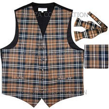 New Vesuvio Napoli Men's plaid Tuxedo Vest Self Tie Bowtie Hankie set Brown