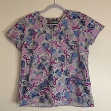 Metro Scrubs Multi-Color Heart Ribbon Mock Neck Scrub Top Medical Uniform Small