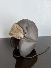 Sheepskin Shearling Leather Trappe  Hat Visor Aviator Pilot Cap Brown WARM L/XL