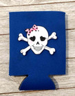 Skull Cross Bones Pink Bow Can Koozie Foam Blue Beer Soda Collapsible 