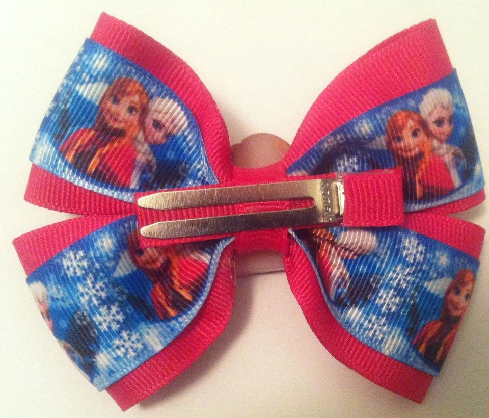 Clip de cocodrilo cinta rosa caliente congelado Elsa & Anna moño de pelo para niñas de 4" de ancho Foto 4 de 4