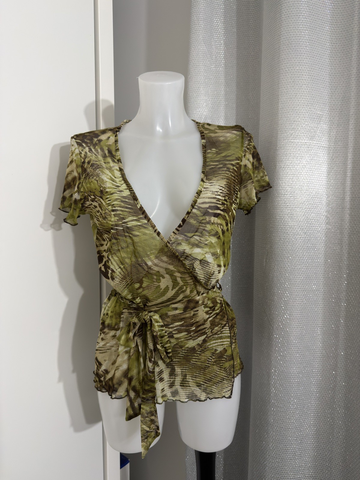 Vintage Green Abstract Mesh Wrap Top Short Sleeve ...