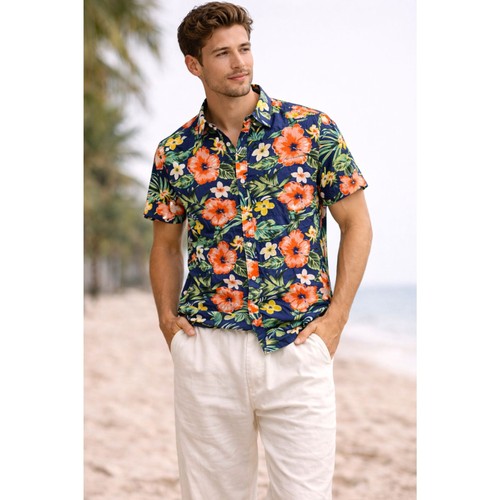 Denim & Flower Hawaiian Shirt Mens Slim Fit Blue Tropical Floral Button Down