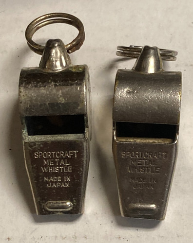 2 Vintage Sportcraft Metal Silver Color Whistles w/ Cork Balls Made in Japan