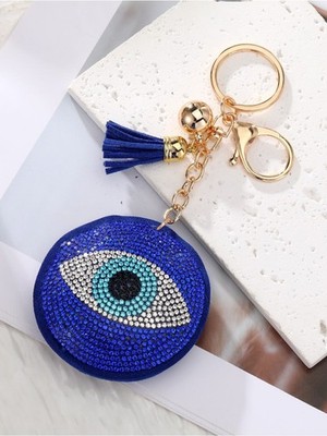 Blue Evil Eye Rhinestone Keychain Coin Purse Nazar Bag Charm Tassel Key Ring