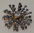VTG Brooch 1.5" Pin MCM Gold Tone  Signed Blue Rhinestone Costume Jewelry
